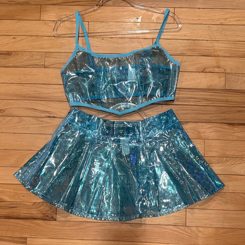 Holographic Blue Iridescent Hearts Two-Piece Crop Top & Mini Skirt Set